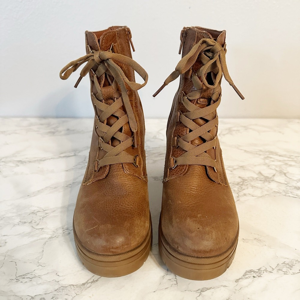 Flexi Tan Leather Lace Up Chunky Heel Lug Sole Mid Calf Boots Women's Size 7.5 - Picture 4 of 12